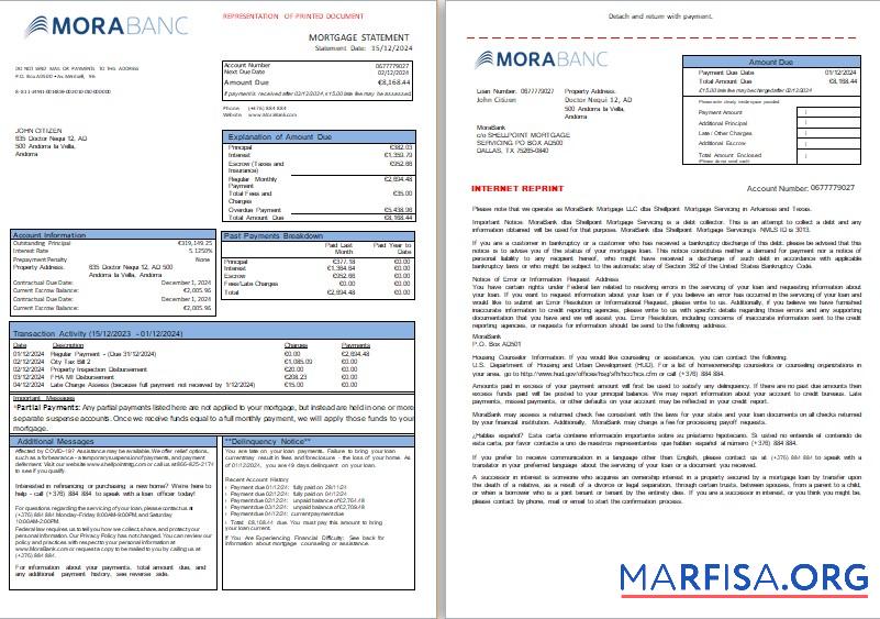 Downloadable Andorra MoraBank bank mortgage statement, 3 pages, 1 2 scr download for verification